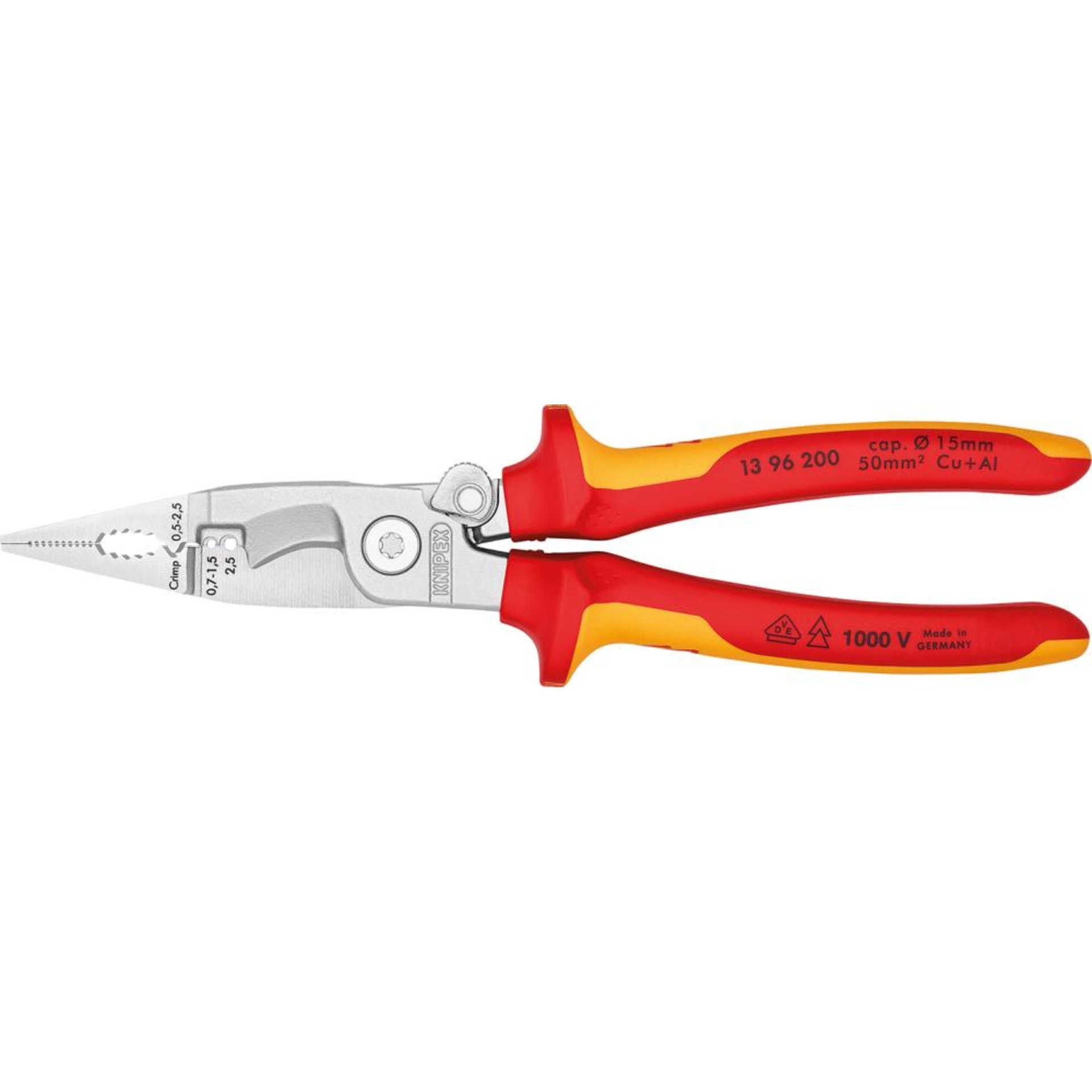 Elektroinstallationszangeverchromt VDE mit 2-Komponenten-Griffen 200mm KNIPEX