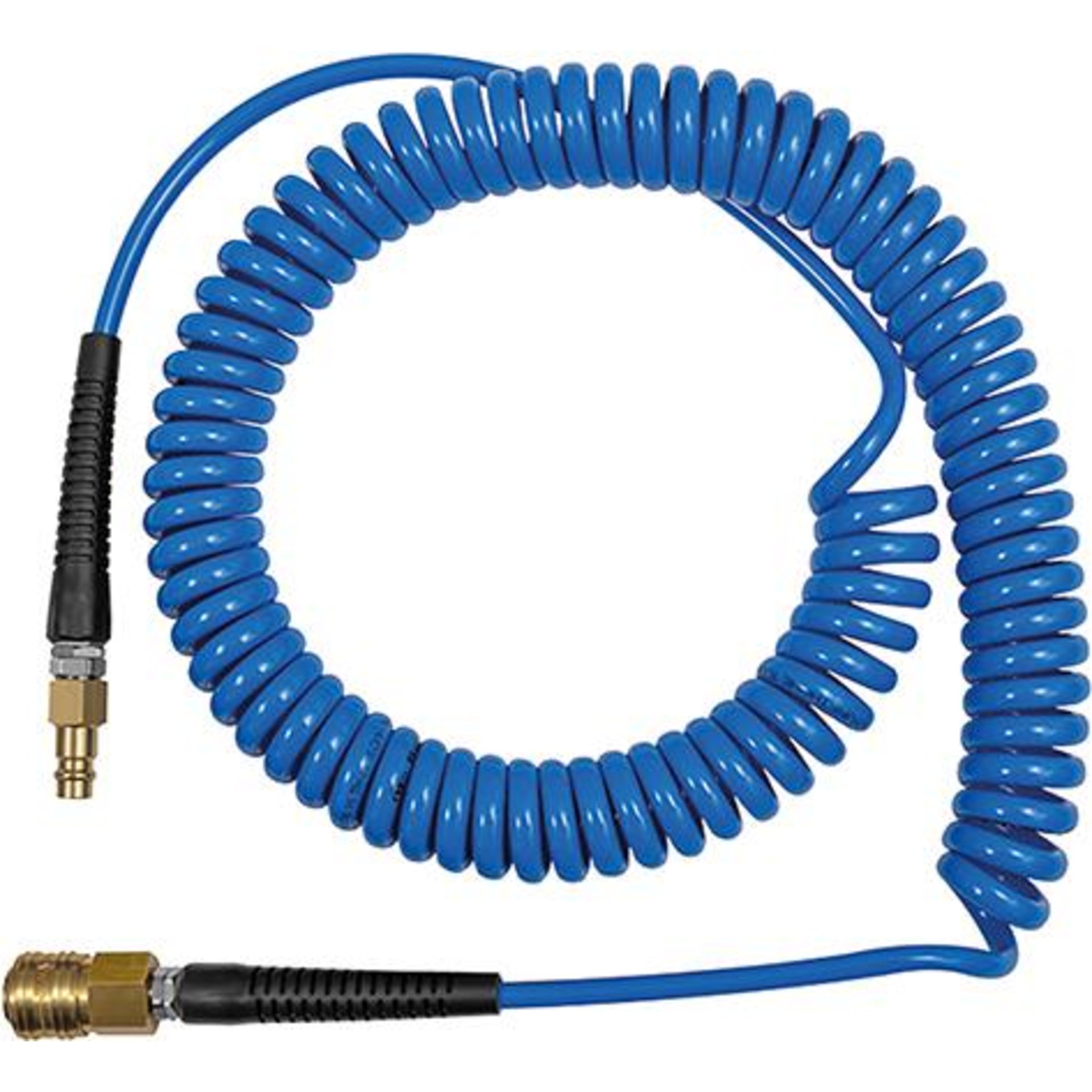 Spiralschlauch aus Polyurethan PU, mit Kupplung NW 7,2 und Stecknippel, Messing blank