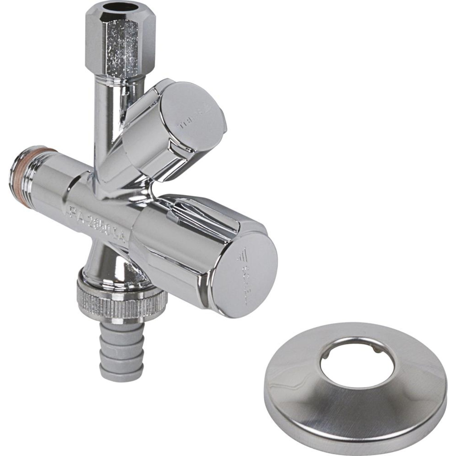 SCHELL GA-Eckventil, 1/2"AG x 3/4"AG x 3/8"AG x 10 mmQ, selbstdichtend, Chrom