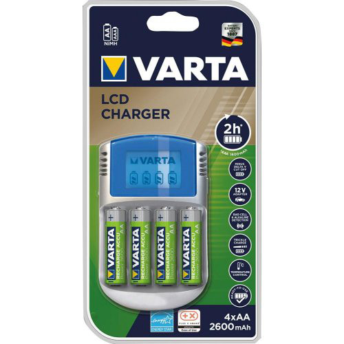 Ladegerät LCD Charger für4 Akkus AA/AAA mit 4AkkusAA 2700mAh, Adapter 12V, Kabel USB VARTA