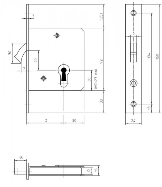 ST-Einsteckschloss 1620, PZ,20x160kt,DL/DR altsilb