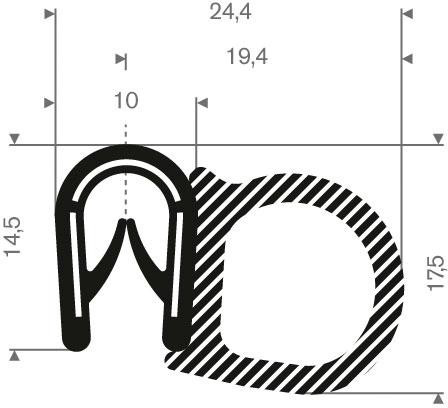 Kantenschutz flexibel schwarz, mit Moosgummi, Klemmbereich 1,0-4,0mm, 24,4x17,5mm , 25m