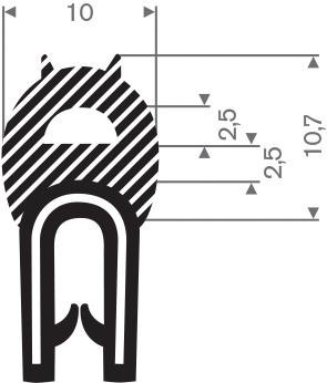 Kantenschutz flexibel schwarz, mit Moosgummi, Klemmbereich 1,0-3,0mm, 10x19mm , 50m