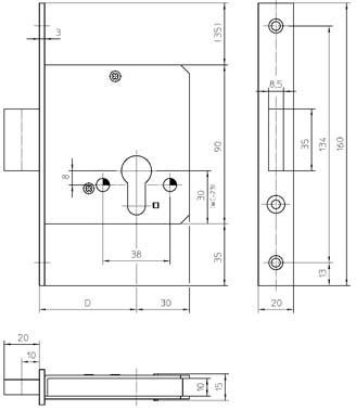 ZT-Einsteckriegelschloss,PZ,D55,20kt,DL/DR