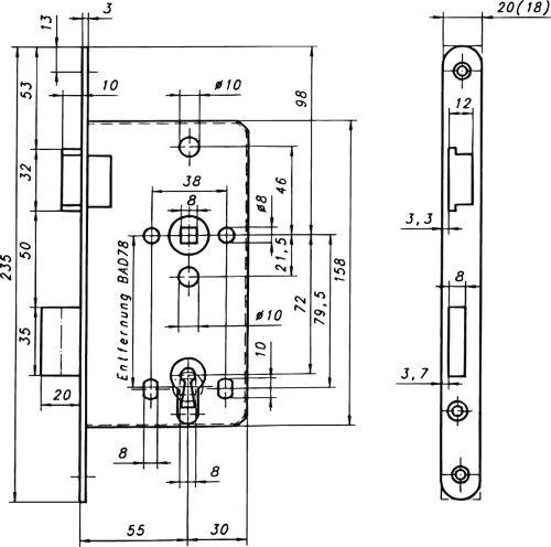 Zt-Einsteckschloss 8/55/ 78mm WC DIN R 20mm rd.Ede